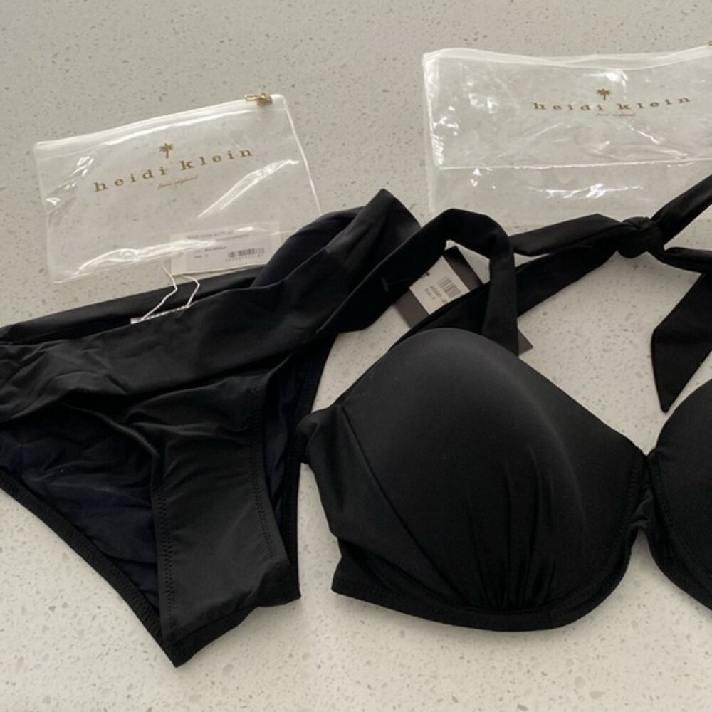 NWT Heidi Klein bikini bottoms BLACK fold over padded cup halter tie top 2 M